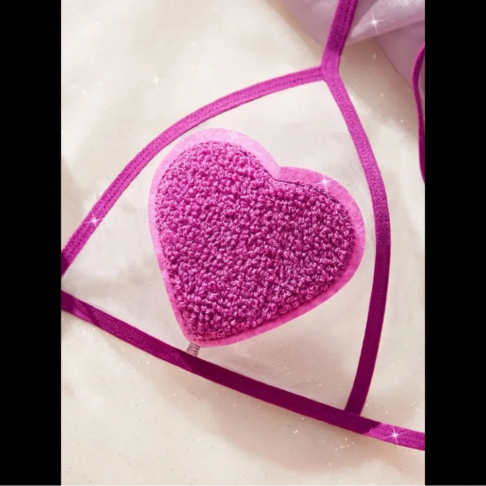 Magenta, Embroidered Heart, Lingerie Set